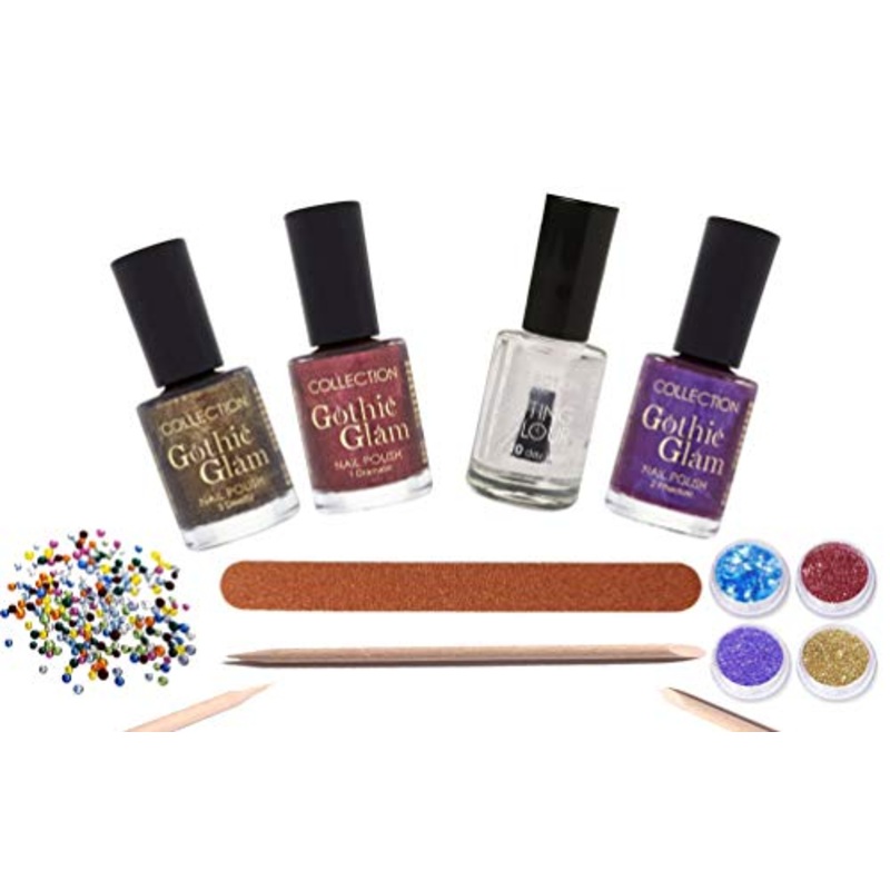 Collection Gothic Glam Nail Polish x 7 Joblot Bundle Set Dark Red/Black Gold/Dark Purple/Dark Clear Topcoat, Nail File, Cuticle Stick Nail, Gems & Glitter Complete Set