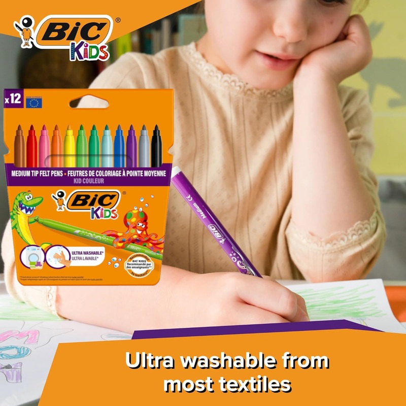 BIC Kids Kid Couleur Felt Medium Blocked Tip Colouring Pens – Pack of 12 – Stationery x1 12 Packs