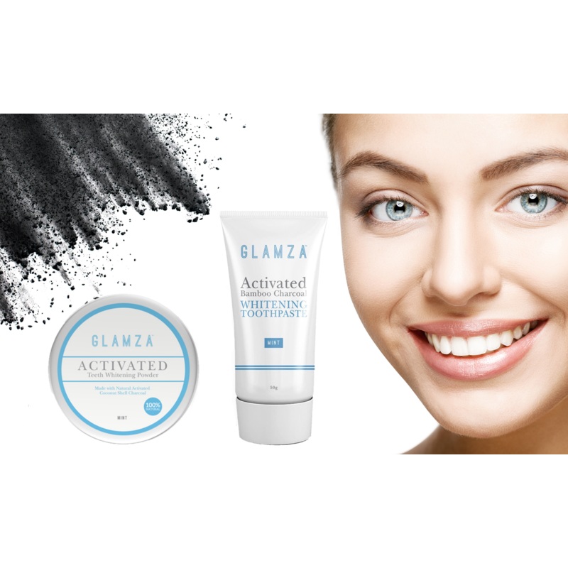 Glamza Activated Bamboo Charcoal Whitening Toothpaste & Powder  Natural Teeth Whitening Set x1 Toothpaste & x1 Powder