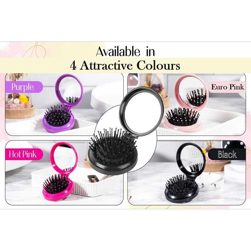 2-in-1 Mini Folding Detangle Hair Brush with Mirror – 4 Great Colours Round Black