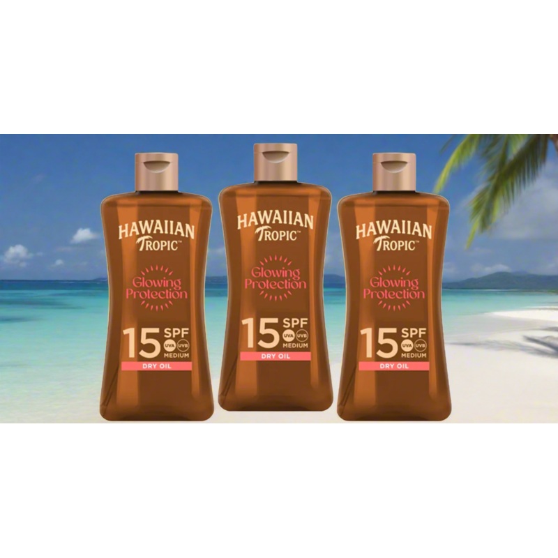 Hawaiian Tropic Glowing Protection SPF 15 Dry Oil 100ml  Water-Resistant, Coconut-Infused  Free UK Delivery! x3