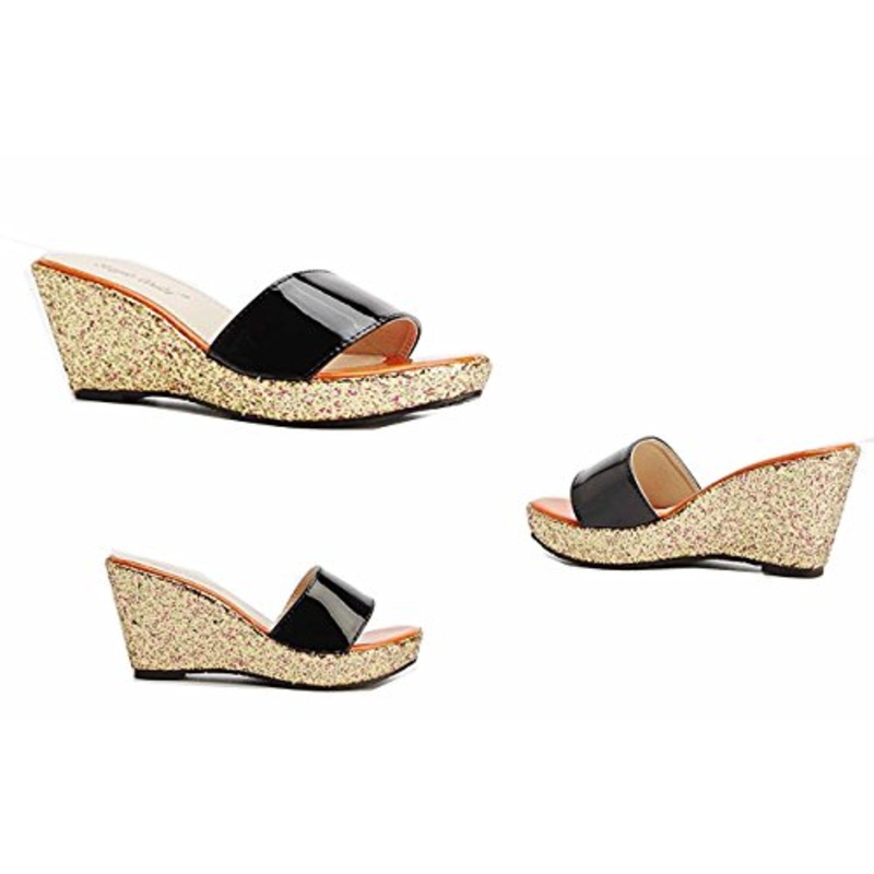 Ladies Gold Glitter Wedged Heel Slip-on Black Sandals in UK 5 EU/38 6 UK