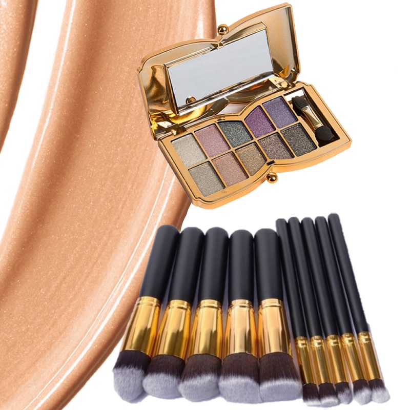 10pc Makeup Brush Sets With 10 Colour Gold Butterfly Palette 10pc Black & Gold Makeup Brush Set With Butterfly Palette