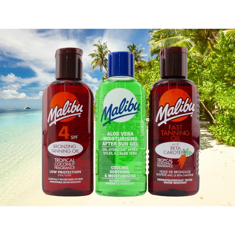 Malibu 3 Pack 100ml – SF4 Bronze Tanning Oil, Aloe Vera After Sun & Fast Tanning Oil