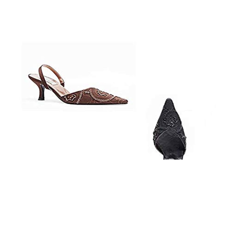 Ladies Elegant Embroiderd Sling Back Mid Heel Shoes in Choice of Black, Beige, Grey or Brown Brown 4 UK