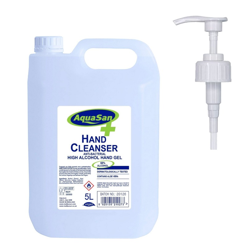 Aquasan 5L Hand Cleanser Antibacterial Alcohol Gel 65% – Optional Pelican Pump 5 Litre