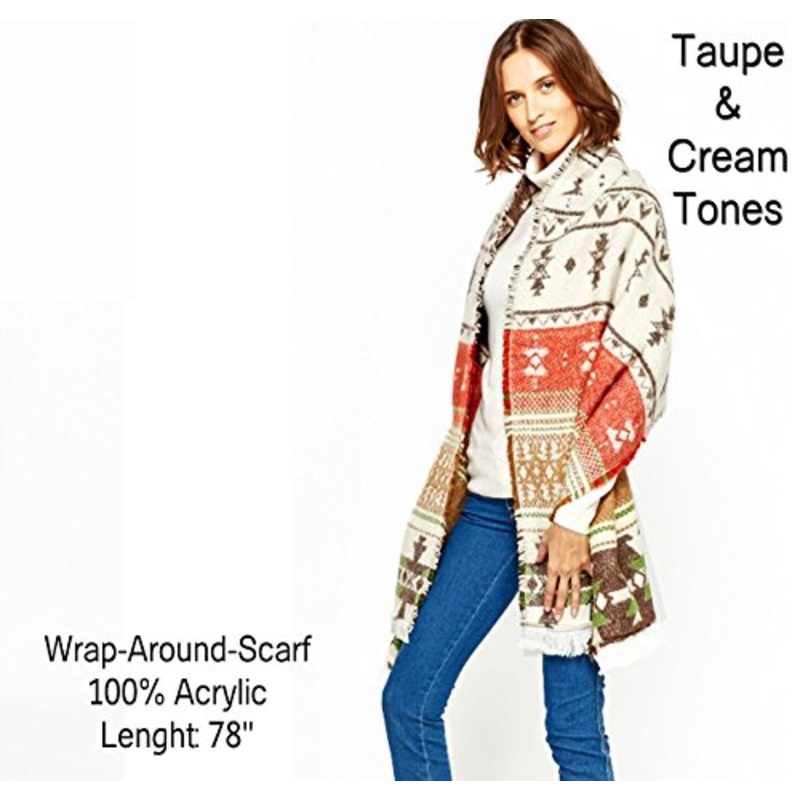 Ladies Cape Style Wrap Round Wool Feel Scarf in Taupe & Cream Tones Free Size One Size