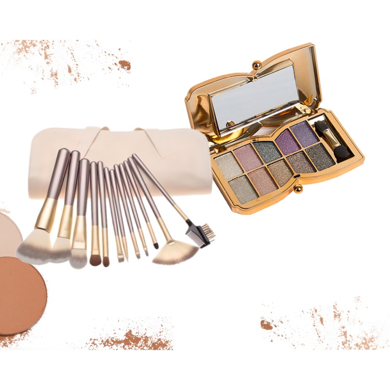 12pc Makeup Brush Sets & 10 Colour Gold Butterfly Palette 12pc Champagne & Palette